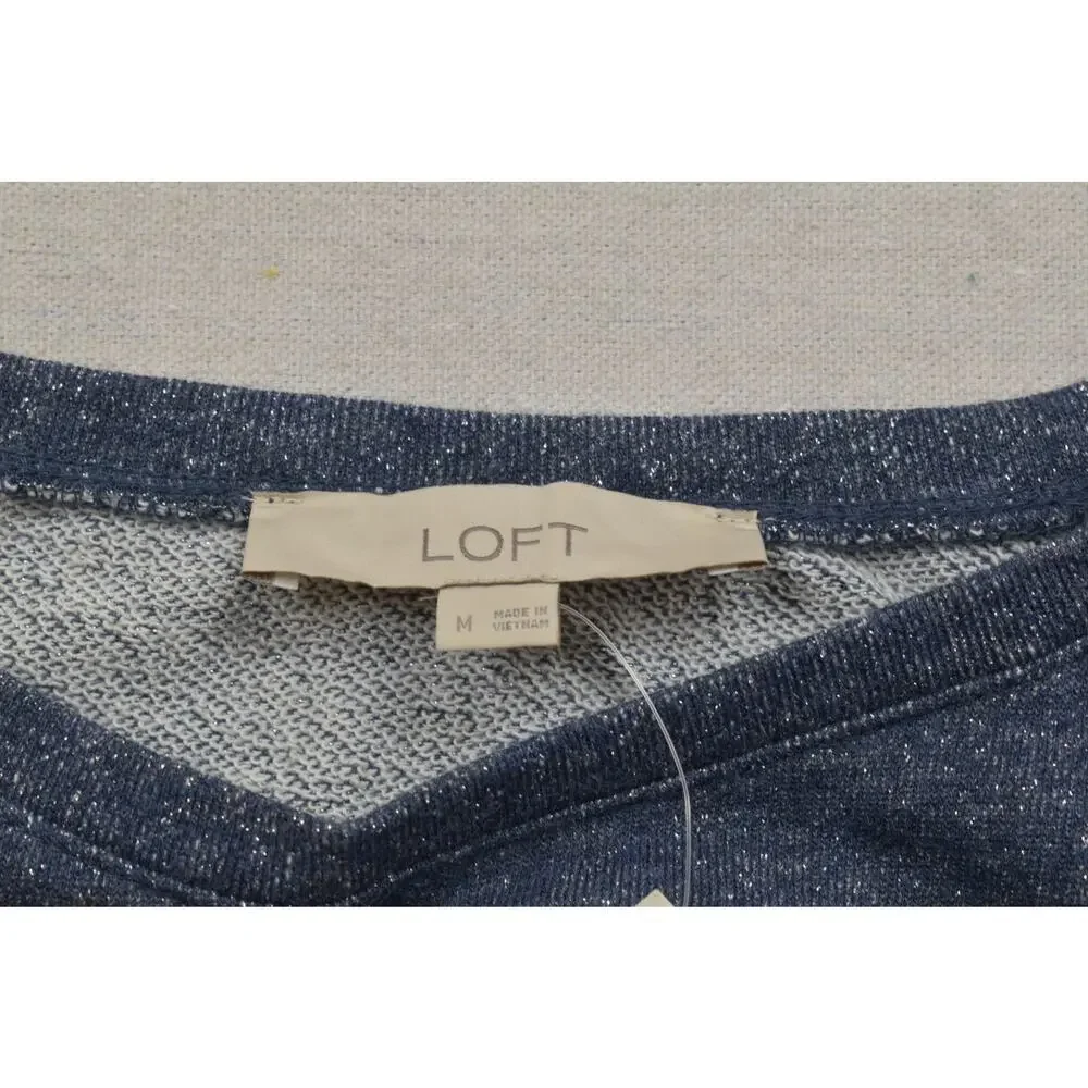 LOFT Women's Size M Blue Shimmer Sparkle Long Puff Sleeve Crew Neck Sweater NEW